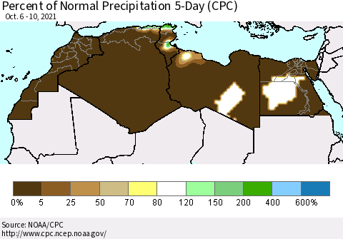 North Africa Percent of Normal Precipitation 5-Day (CPC) Thematic Map For 10/6/2021 - 10/10/2021
