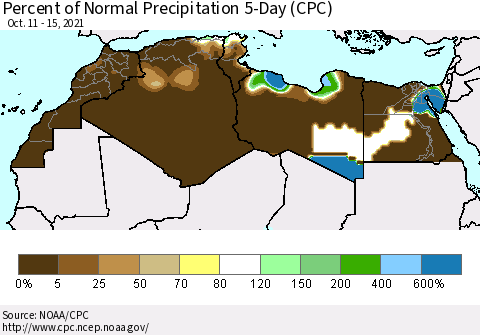 North Africa Percent of Normal Precipitation 5-Day (CPC) Thematic Map For 10/11/2021 - 10/15/2021