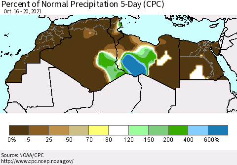 North Africa Percent of Normal Precipitation 5-Day (CPC) Thematic Map For 10/16/2021 - 10/20/2021