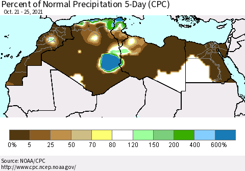 North Africa Percent of Normal Precipitation 5-Day (CPC) Thematic Map For 10/21/2021 - 10/25/2021