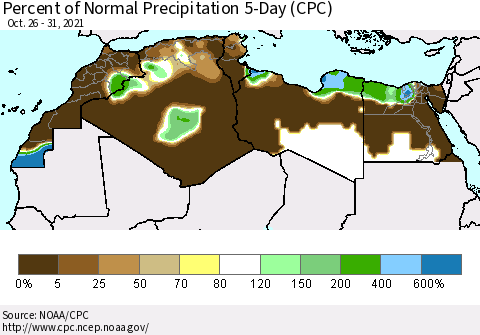 North Africa Percent of Normal Precipitation 5-Day (CPC) Thematic Map For 10/26/2021 - 10/31/2021