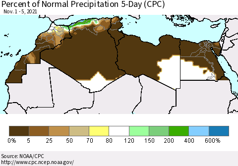 North Africa Percent of Normal Precipitation 5-Day (CPC) Thematic Map For 11/1/2021 - 11/5/2021