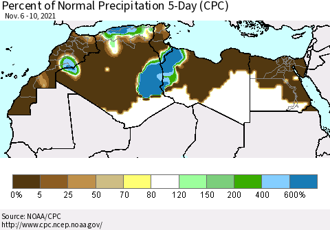 North Africa Percent of Normal Precipitation 5-Day (CPC) Thematic Map For 11/6/2021 - 11/10/2021