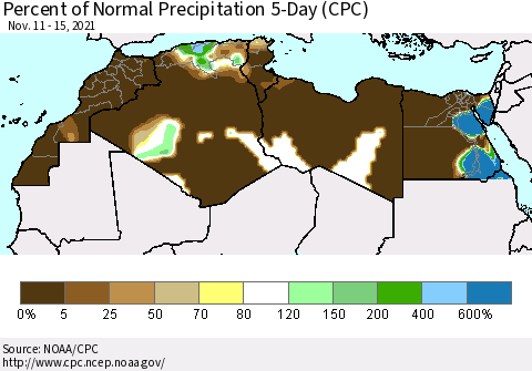 North Africa Percent of Normal Precipitation 5-Day (CPC) Thematic Map For 11/11/2021 - 11/15/2021
