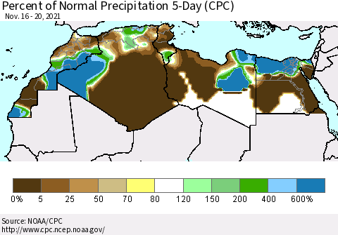 North Africa Percent of Normal Precipitation 5-Day (CPC) Thematic Map For 11/16/2021 - 11/20/2021