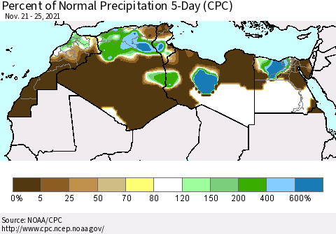 North Africa Percent of Normal Precipitation 5-Day (CPC) Thematic Map For 11/21/2021 - 11/25/2021