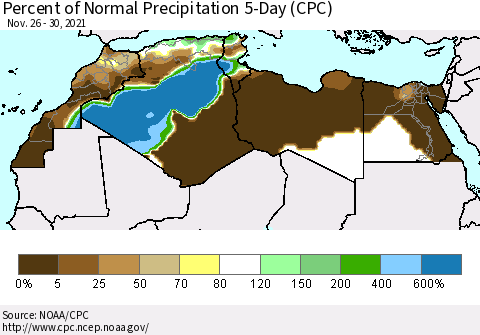 North Africa Percent of Normal Precipitation 5-Day (CPC) Thematic Map For 11/26/2021 - 11/30/2021