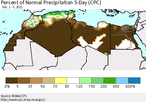 North Africa Percent of Normal Precipitation 5-Day (CPC) Thematic Map For 12/1/2021 - 12/5/2021