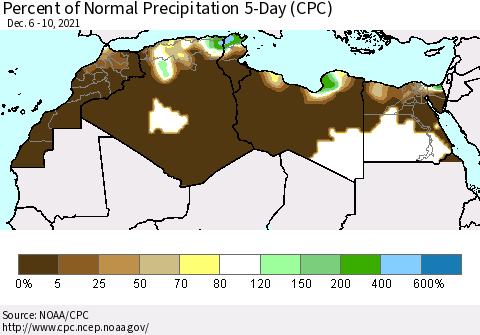 North Africa Percent of Normal Precipitation 5-Day (CPC) Thematic Map For 12/6/2021 - 12/10/2021