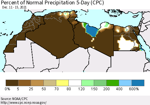 North Africa Percent of Normal Precipitation 5-Day (CPC) Thematic Map For 12/11/2021 - 12/15/2021