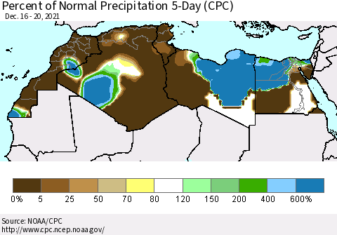 North Africa Percent of Normal Precipitation 5-Day (CPC) Thematic Map For 12/16/2021 - 12/20/2021
