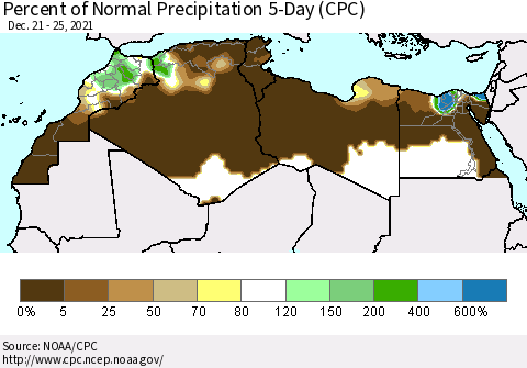 North Africa Percent of Normal Precipitation 5-Day (CPC) Thematic Map For 12/21/2021 - 12/25/2021