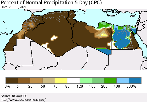 North Africa Percent of Normal Precipitation 5-Day (CPC) Thematic Map For 12/26/2021 - 12/31/2021