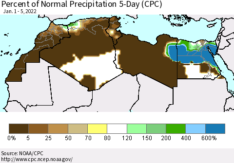 North Africa Percent of Normal Precipitation 5-Day (CPC) Thematic Map For 1/1/2022 - 1/5/2022
