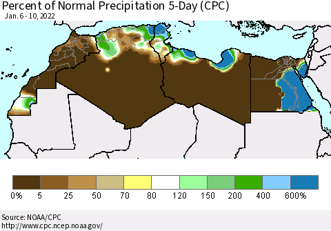 North Africa Percent of Normal Precipitation 5-Day (CPC) Thematic Map For 1/6/2022 - 1/10/2022
