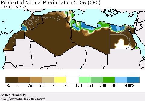 North Africa Percent of Normal Precipitation 5-Day (CPC) Thematic Map For 1/11/2022 - 1/15/2022