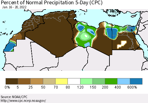 North Africa Percent of Normal Precipitation 5-Day (CPC) Thematic Map For 1/16/2022 - 1/20/2022