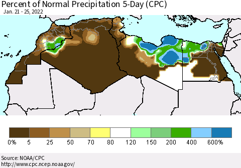 North Africa Percent of Normal Precipitation 5-Day (CPC) Thematic Map For 1/21/2022 - 1/25/2022