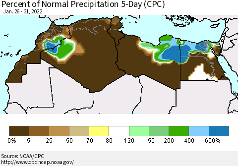 North Africa Percent of Normal Precipitation 5-Day (CPC) Thematic Map For 1/26/2022 - 1/31/2022