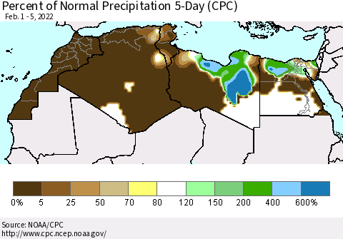 North Africa Percent of Normal Precipitation 5-Day (CPC) Thematic Map For 2/1/2022 - 2/5/2022