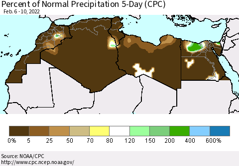 North Africa Percent of Normal Precipitation 5-Day (CPC) Thematic Map For 2/6/2022 - 2/10/2022