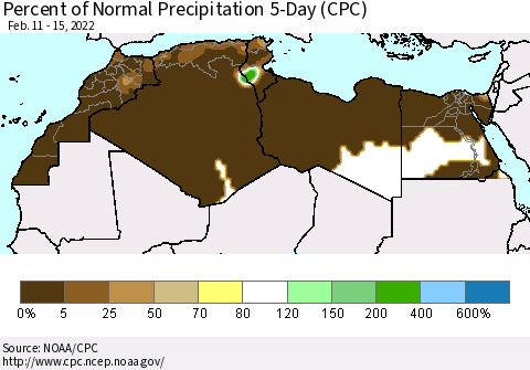 North Africa Percent of Normal Precipitation 5-Day (CPC) Thematic Map For 2/11/2022 - 2/15/2022