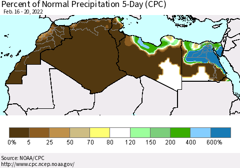 North Africa Percent of Normal Precipitation 5-Day (CPC) Thematic Map For 2/16/2022 - 2/20/2022