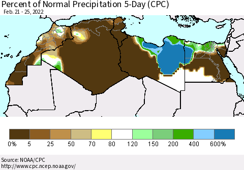 North Africa Percent of Normal Precipitation 5-Day (CPC) Thematic Map For 2/21/2022 - 2/25/2022