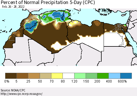North Africa Percent of Normal Precipitation 5-Day (CPC) Thematic Map For 2/26/2022 - 2/28/2022