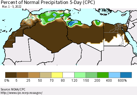 North Africa Percent of Normal Precipitation 5-Day (CPC) Thematic Map For 3/1/2022 - 3/5/2022