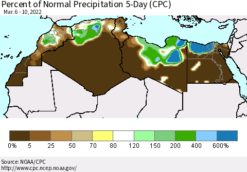 North Africa Percent of Normal Precipitation 5-Day (CPC) Thematic Map For 3/6/2022 - 3/10/2022