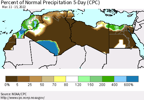 North Africa Percent of Normal Precipitation 5-Day (CPC) Thematic Map For 3/11/2022 - 3/15/2022