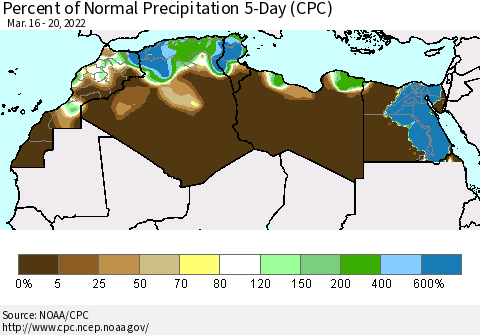 North Africa Percent of Normal Precipitation 5-Day (CPC) Thematic Map For 3/16/2022 - 3/20/2022