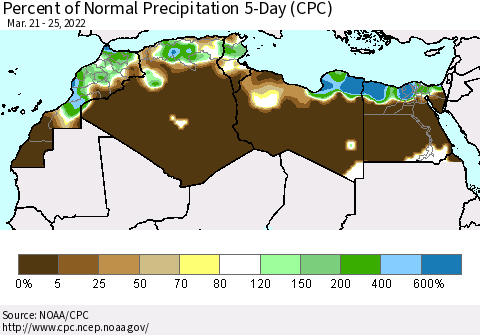North Africa Percent of Normal Precipitation 5-Day (CPC) Thematic Map For 3/21/2022 - 3/25/2022