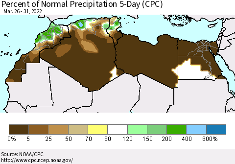 North Africa Percent of Normal Precipitation 5-Day (CPC) Thematic Map For 3/26/2022 - 3/31/2022