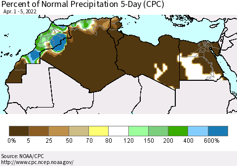 North Africa Percent of Normal Precipitation 5-Day (CPC) Thematic Map For 4/1/2022 - 4/5/2022