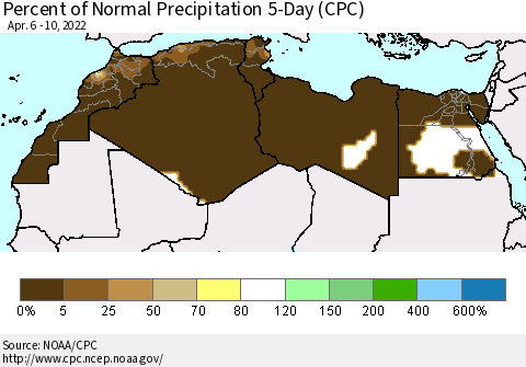 North Africa Percent of Normal Precipitation 5-Day (CPC) Thematic Map For 4/6/2022 - 4/10/2022
