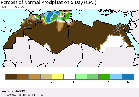 North Africa Percent of Normal Precipitation 5-Day (CPC) Thematic Map For 4/11/2022 - 4/15/2022