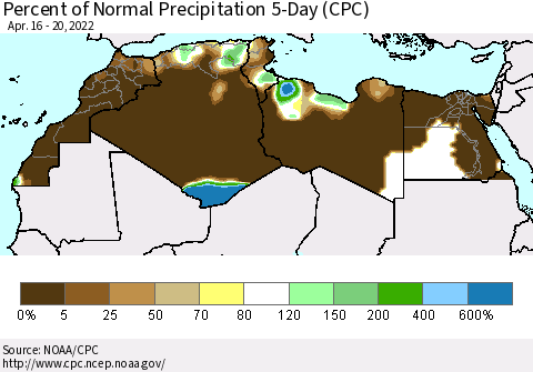 North Africa Percent of Normal Precipitation 5-Day (CPC) Thematic Map For 4/16/2022 - 4/20/2022