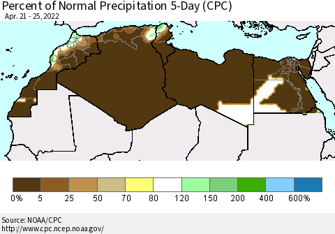 North Africa Percent of Normal Precipitation 5-Day (CPC) Thematic Map For 4/21/2022 - 4/25/2022