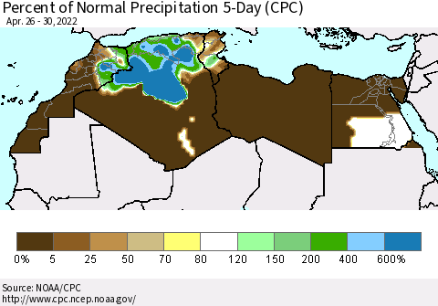 North Africa Percent of Normal Precipitation 5-Day (CPC) Thematic Map For 4/26/2022 - 4/30/2022