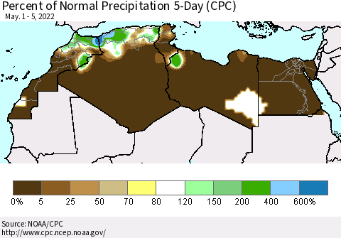 North Africa Percent of Normal Precipitation 5-Day (CPC) Thematic Map For 5/1/2022 - 5/5/2022