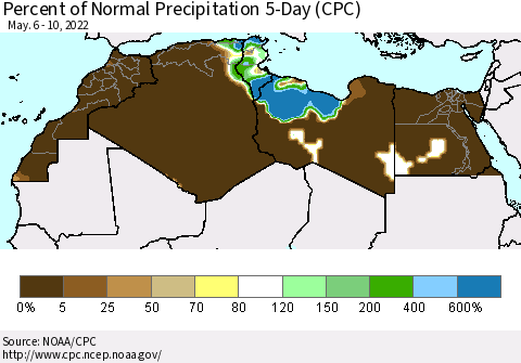 North Africa Percent of Normal Precipitation 5-Day (CPC) Thematic Map For 5/6/2022 - 5/10/2022