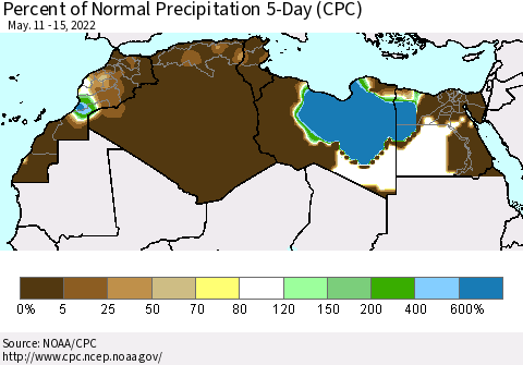 North Africa Percent of Normal Precipitation 5-Day (CPC) Thematic Map For 5/11/2022 - 5/15/2022