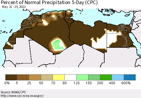 North Africa Percent of Normal Precipitation 5-Day (CPC) Thematic Map For 5/21/2022 - 5/25/2022