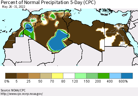 North Africa Percent of Normal Precipitation 5-Day (CPC) Thematic Map For 5/26/2022 - 5/31/2022