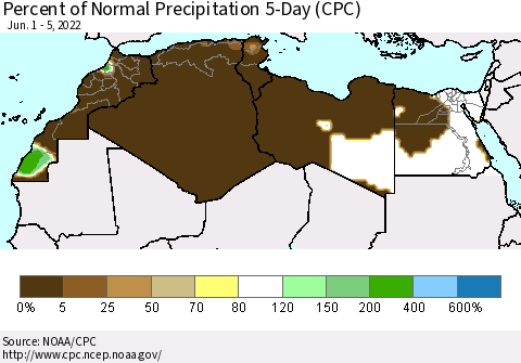 North Africa Percent of Normal Precipitation 5-Day (CPC) Thematic Map For 6/1/2022 - 6/5/2022