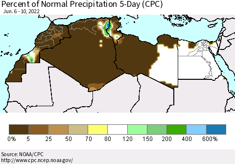 North Africa Percent of Normal Precipitation 5-Day (CPC) Thematic Map For 6/6/2022 - 6/10/2022