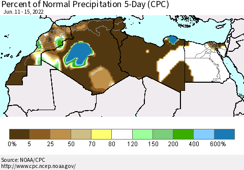 North Africa Percent of Normal Precipitation 5-Day (CPC) Thematic Map For 6/11/2022 - 6/15/2022