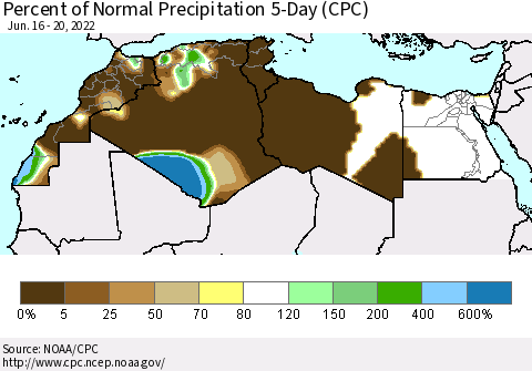 North Africa Percent of Normal Precipitation 5-Day (CPC) Thematic Map For 6/16/2022 - 6/20/2022
